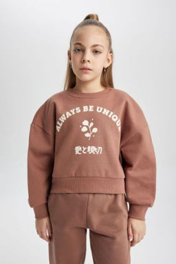 K?z Cocuk Relax Fit Bisiklet Yaka Bask?l? Kal?n Sweatshirt