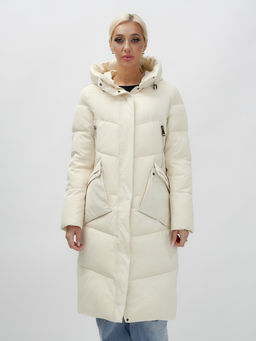 Пальто утепленное стеганное зимнее с капюшоном женское бежевого цвета 9639B - Mtforce фото 3