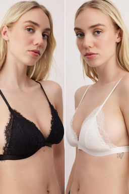 TRENDYOLMILLA Siyah-Beyaz 2li Dantelli Ip Ask?l? Dolgusuz Balensiz Kapl? Bralette Orme Sutyen THMSS24SU00016