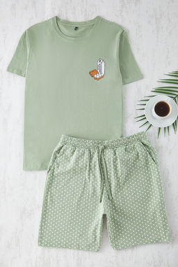 TRENDYOL MAN Mint Regular Fit Bask?l? Puantiyeli Orme Sortlu pijama Tak?m? TMNSS25PT00024 - Trendyolmilla фото 2