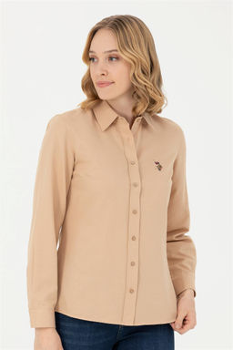 Женская базовая рубашка песочного цвета с длинным рукавом