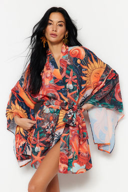 Tropikal Desenli Kusakl? Volanl? Mini Dokuma Plaj Kimono&Kaftan TBESS23KM00024