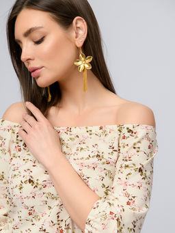 Платье бежевое с цветочным принтом и пышными рукавами - 1001dress фото 4