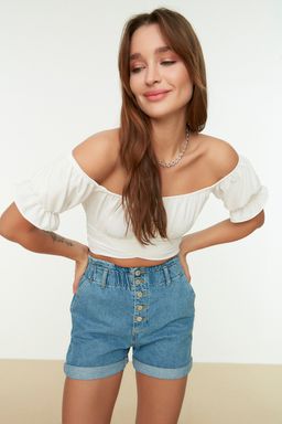 Trendyolmilla Siyah Baglama Detayl? Carmen Yaka Dokuma Bluz TWOSS21BZ0797  фото 9