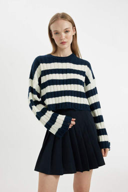 Женский укороченный трикотажный свитер стандартного кроя в полоску с круглым вырезом - Defacto фото 4