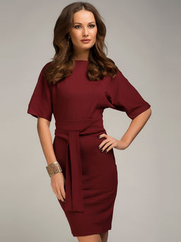 Платье бордовое длины мини с поясом и рукавом летучая мышь - 1001dress фото 2