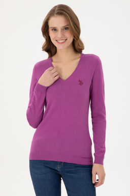 Женский фиолетовый базовый свитер с v-образным вырезом - U.s. polo assn фото 3