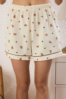 Trendyolmilla Ekru %100 Pamuklu Ay?c?kl? ve Kalpli Biye Detayl? Sortlu Orme Pijama Tak?m? THMSS25PT00414 фото 3