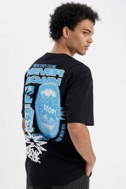 Comfort Regular Fit Rahat Kesim Bisiklet Yaka S?rt Bask?l? Pamuklu K?sa Kollu Tisort