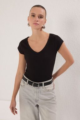 Trendyolmilla Siyah V Yaka Fitted/Vucuda Oturan Orme Bluz TWOSS25BZ00208 фото 21