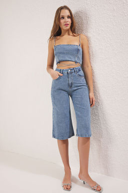 Limited Edition Mavi Tasl? Pacas? Kesikli Denim Kapri Bermuda TWOSS25SR00061 - Trendyolmilla фото 2