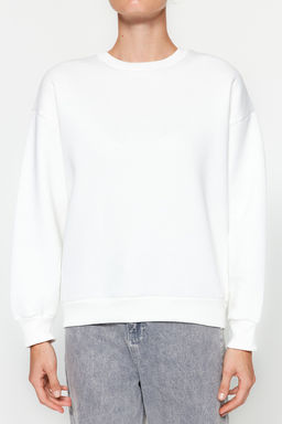 Ekru Kal?n Ici Polarl? Regular/Normal Kal?p Bisiklet Yaka Basic Orme Sweatshirt TWOAW24SW00101