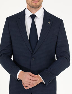 Ekose Lacivert Slim Fit Tak_m Elbise