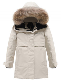 Парка зимняя подростковая для девочки с капюшоном и мехом бежевого цвета 9534B
