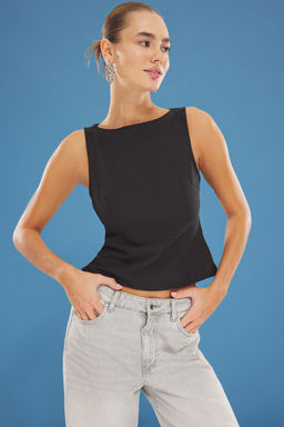 Siyah Kay?k Yaka Gizli Fermuarl? Dokuma Dokuma Bluz TWOSS25BZ00244