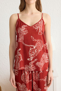 Trendyolmilla Lacivert Kaplan Desenli Ip Ask?l? Viskon Dokuma Pijama Tak?m? THMSS24PT00127  фото 24