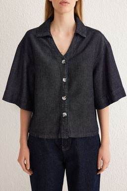 TRENDYOLMILLA Koyu Mavi %100 Tencel V Yaka Denim Gomlek TWOSS25GO00001  фото 3