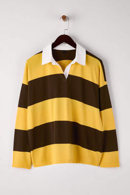 Sar? Cizgili Polo Yaka Oversize/Genis Kal?p Orme Sweatshirt TWOAW26SW00051