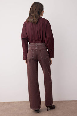 Bordo Yuksek Bel Vintage Y?kama Ozel Renk Denim Wide Leg/Genis Paca Jeans TWOAW26JE00110 - Trendyolmilla фото 4