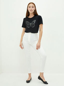 Bisiklet Yaka Ta? Bask?l? K?sa Kollu Kad?n Ti??rt