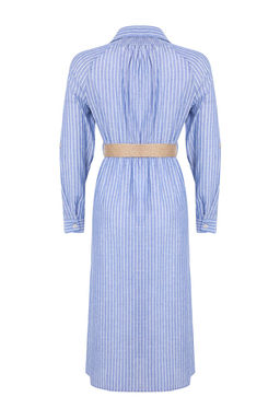 Mavi Kemerli Cizgili Midi Dokuma Gomlek Elbise TWOSS25EL00063