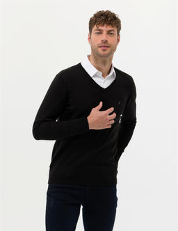 Siyah Slim Fit V Yaka Basic Triko Kazak