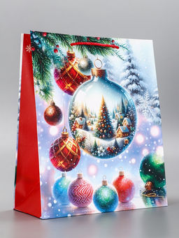Цена за 2 шт. Пакет подарочный новогодний ламинированный, «Шар Новогодний», 26×12×32 см