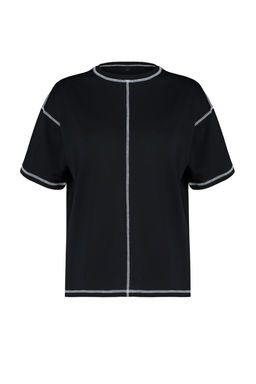 Siyah %100 Pamuk Karkoya Dikis Detayl? Oversize/Genis Kesim Orme T-Shirt TWOSS24TS00184