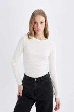 Женская приталенная узкая футболка с круглым вырезом в рубчик, базовая простая футболка с длинными рукавами