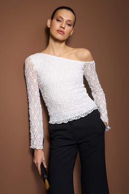 Kahverengi Dantel Asimetrik Yaka Fitted/Vucuda Oturan Orme Bluz TWOAW26BZ00036 - Trendyolmilla фото 9