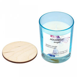 Свеча "Aquarelle" д7,5см, h9см, ароматизированная, парафин, в стеклянном стакане с деревянной крышкой, окрашенный, время горения 36 часов, "Angel" (Россия)