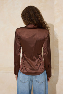 Kahverengi Hafif Bele Oturan Saten Vatkal? Gomlek TWOSS26GO00025 - Trendyolmilla фото 6