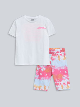 Bisiklet Yaka Bask?l? K?sa Kollu Pamuklu K?z ?ocuk Ti??rt ve Tayt