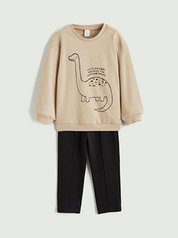 Bask?l? Erkek Bebek Sweatshirt ve Pantolon