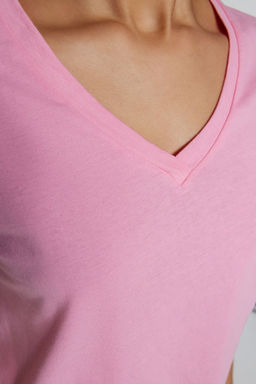 Pembe-Mint %100 Pamuk 2li Paket Basic V Yaka Orme T-Shirt TWOSS23TS00002