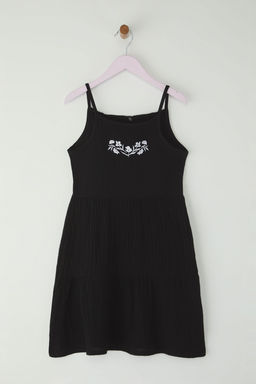 Siyah K?z Cocuk %100 Pamuk Nak?sl? Ask?l? Mini Dokuma Elbise TKDSS25EL00011