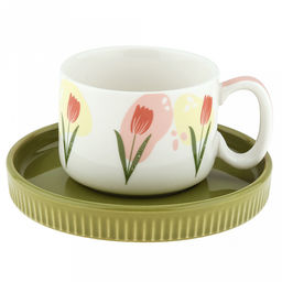 Чашка фарфоровая "Тюльпаны" 200мл, д8см h5,9см, с блюдцем д13,5см h2см, глянцевая глазурь, с деколью, цвет - зеленый, в коробке (Китай)