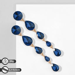 Серьги висячие со стразами Драгоценность капли, цвет синий в золоте, 9,5см