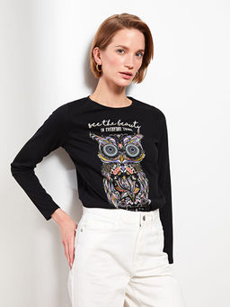 Bisiklet Yaka Bask?l? Uzun Kollu Kad?n Ti??rt