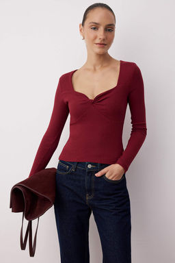 Siyah Duz Kalp Yaka Bodycone/Vucuda Oturan Crop Fitilli Esnek Orme Bluz TWOAW26BZ00069 - Trendyolmilla фото 5