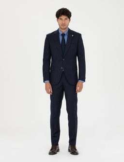 %100 Y_n Lacivert _izgili Ekstra Slim Fit Tak_m Elbise