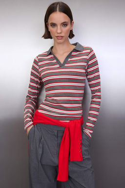 Teen Pembe Cizgili Polo Yaka Fitted/Vucuda Oturan Orme Bluz TWOAW26BZ00034 - Trendyolmilla фото 8