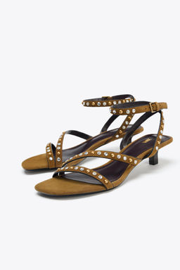 SPLIT SUEDE STUDDED KITTEN HEEL SANDALS - Zara фото 9