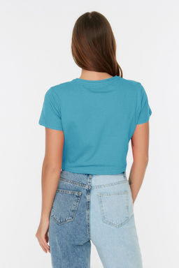 Lacivert-Turkuaz 2li Paket %100 Pamuk Crop Bisiklet Yaka Orme T-Shirt TWOSS20TS1480