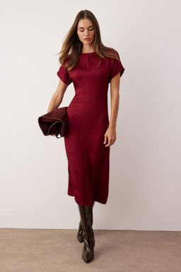 Bordo Duz Jakarl? Midi Dokuma Elbisesi TWOAW26EL00311