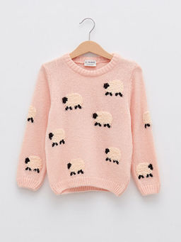 Bisiklet Yaka Desenli Uzun Kollu K?z ?ocuk Triko Kazak