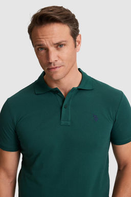 Erkek Koyu Ye_il Slim Fit Polo Yaka Basic Ti__rt
