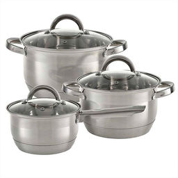 Набор посуды из нерж.стали 6 пр. Кастрюли с КОВШОМ 2,1л, 3л, 4л стеклян. крышки BE-633/6