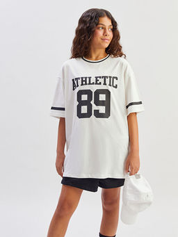 Bisiklet Yaka Bask?l? K?z ?ocuk Ti??rt