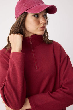 Bordo Selanik/Triko Gorunumlu Fermuarl? Yaka Regular/Normal Kal?p Orme Sweatshirt TWOAW22SW0732